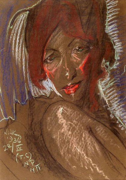 Asymmetric Lady - Portrait of Eugenia Wyszomirska-Kuznicka - With the knee under the chin Oil Painting by Stanislaw Ignacy Witkiewicz (Witkacy)