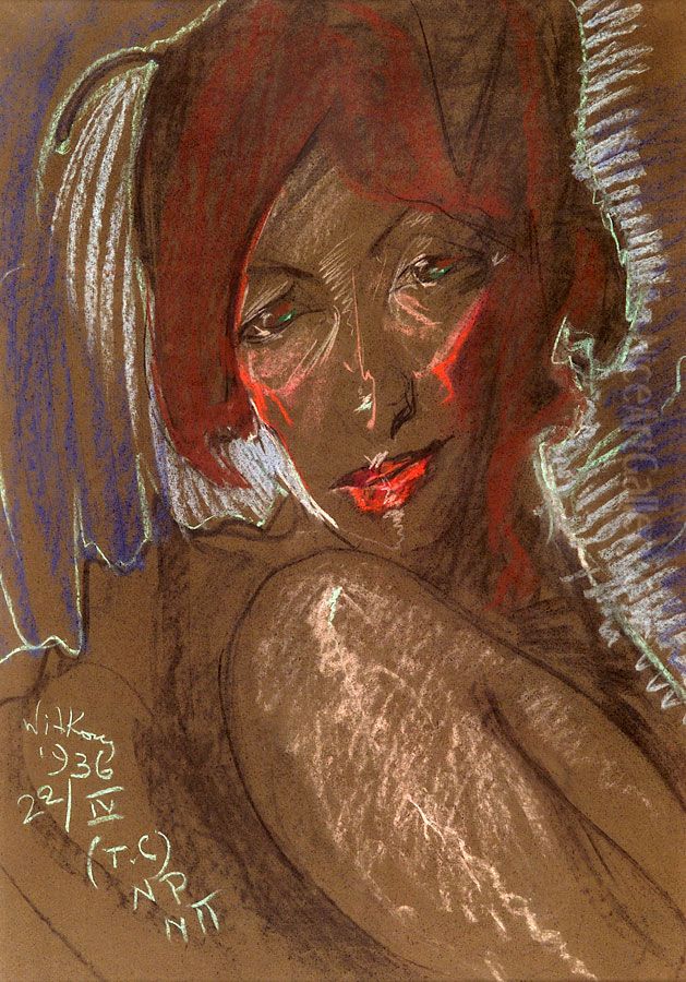 Asymetryczna Dama - Portret Eugenii Wyszomirskiej-Kuznickiej - Z kolanem pod broda Oil Painting by Stanislaw Ignacy Witkiewicz (Witkacy)