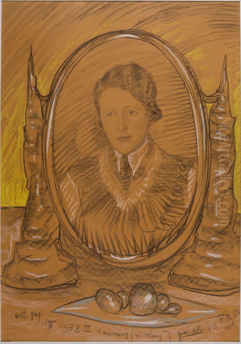 Asymmetric Lady - Portrait of Eugenia Wyszomirska-Kuznicka - In the mirror Oil Painting by Stanislaw Ignacy Witkiewicz (Witkacy)