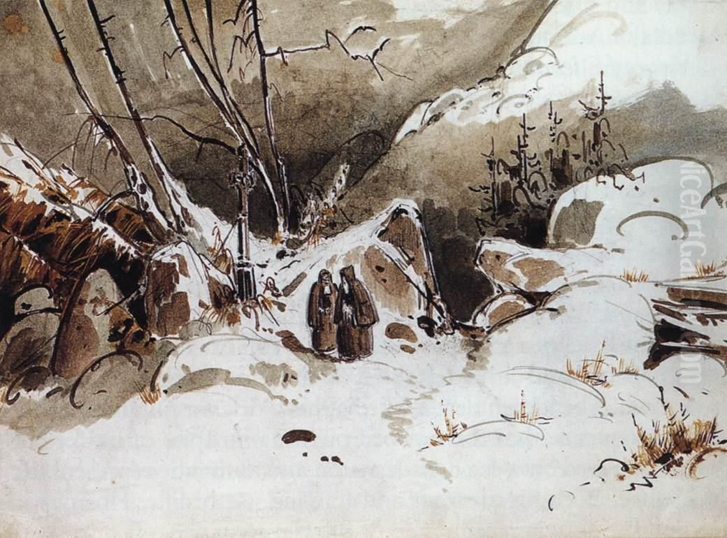 Alpine Pass in Winter with Monks Oil Painting by Carl Blechen