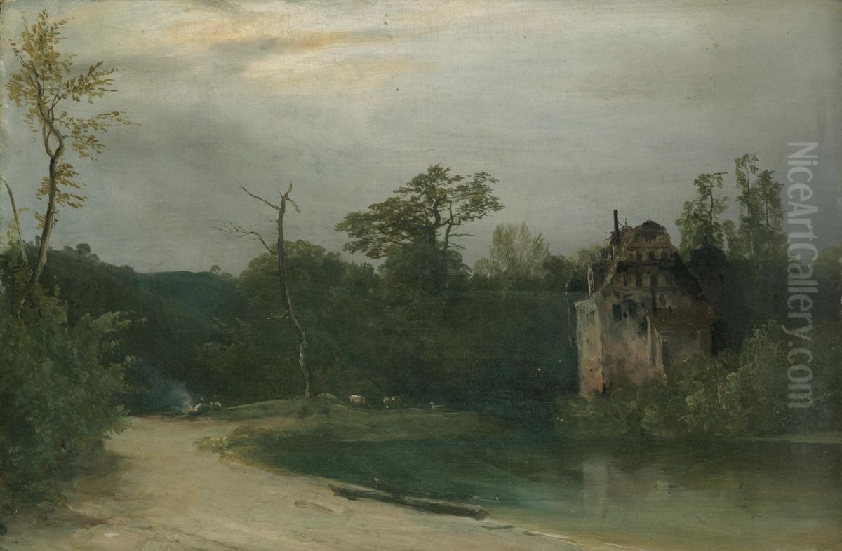 Wooded landscape with castle Oil Painting by Carl Blechen