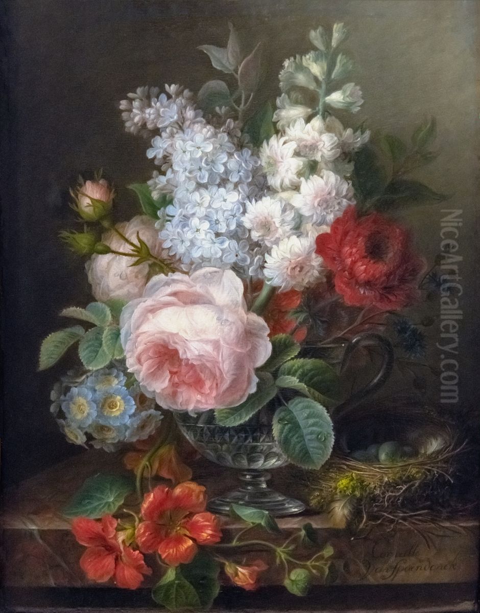 Bouquet of flowers in a glass of waterFrancais:Vase de fleurs avec nidItaliano:Vaso di fiori con nido Oil Painting by Cornelis van Spaendonck
