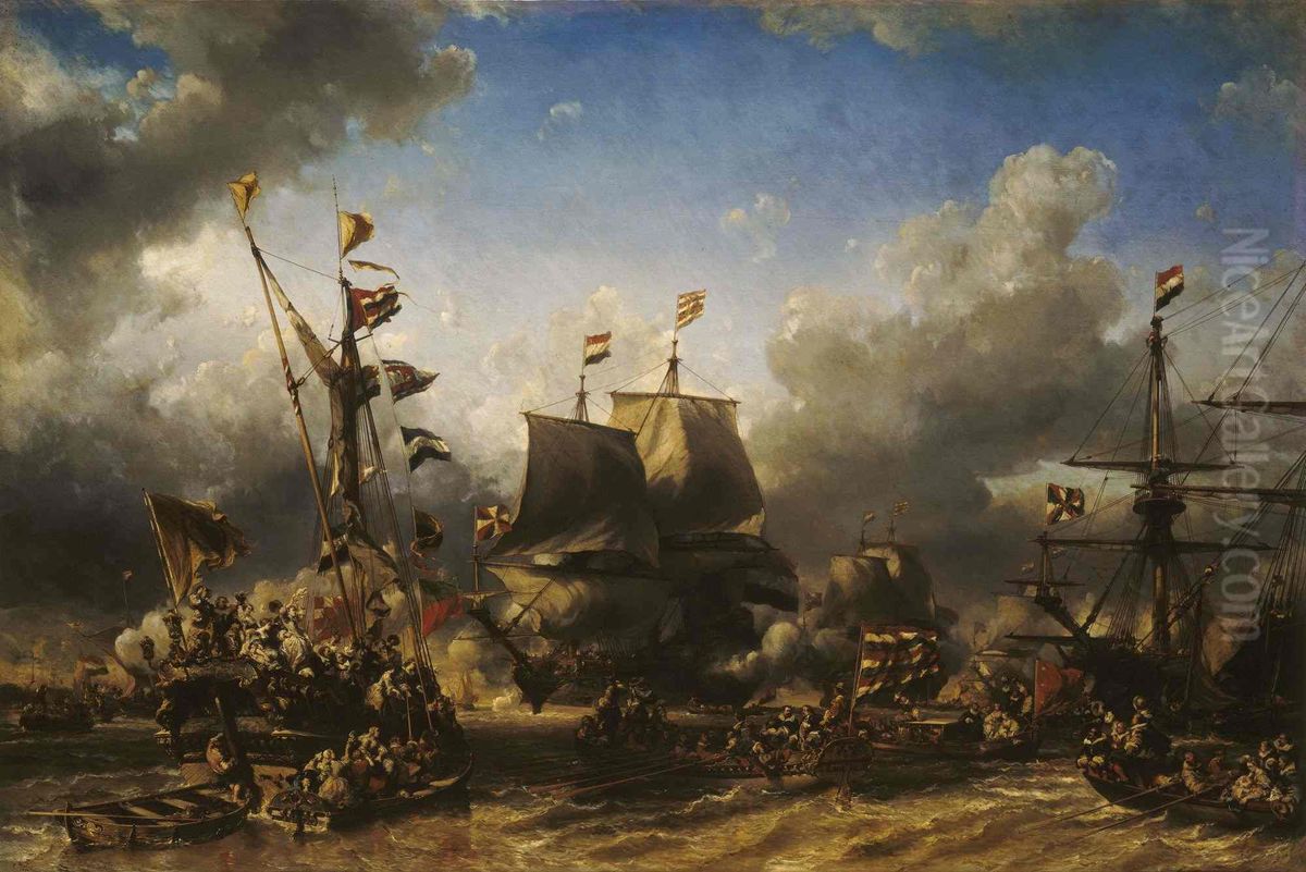 Embarquement de Ruyter et de Witt au Texel, 1667 Oil Painting by Eugene Isabey