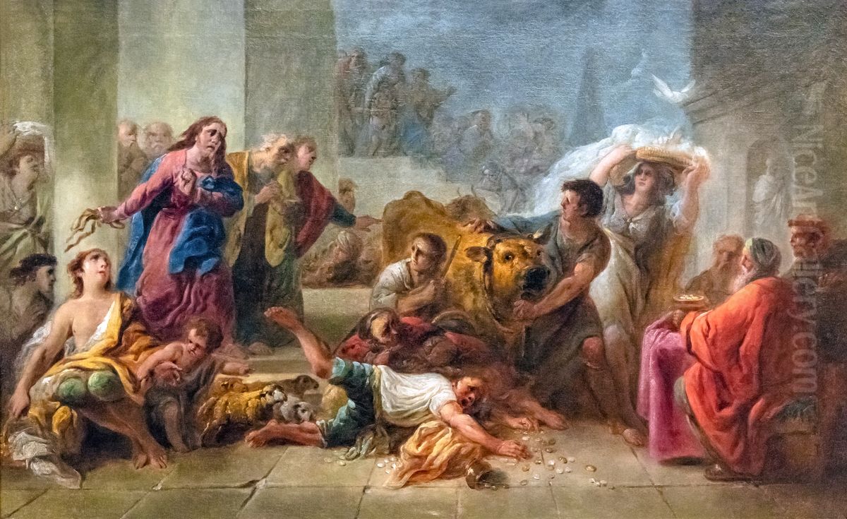 Christ chasing temple merchantsFrancais:Le Christ chassant les marchands du templeItaliano:Cristo che insegue i mercanti del tempio Oil Painting by Jacques Gamelin