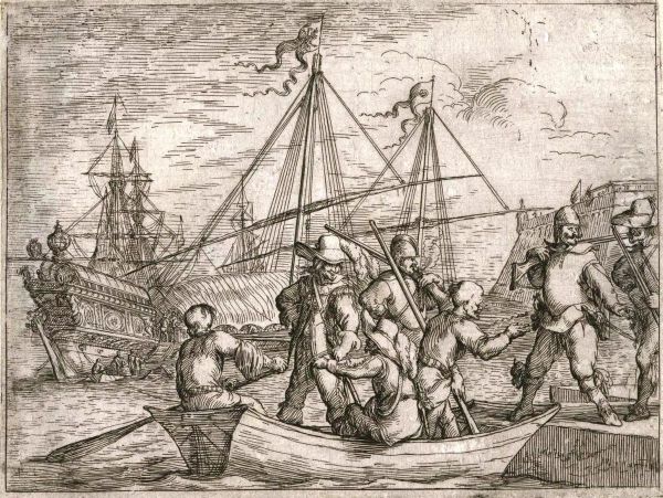 Men reach shore on boat Oil Painting by Johann Wilhelm Baur