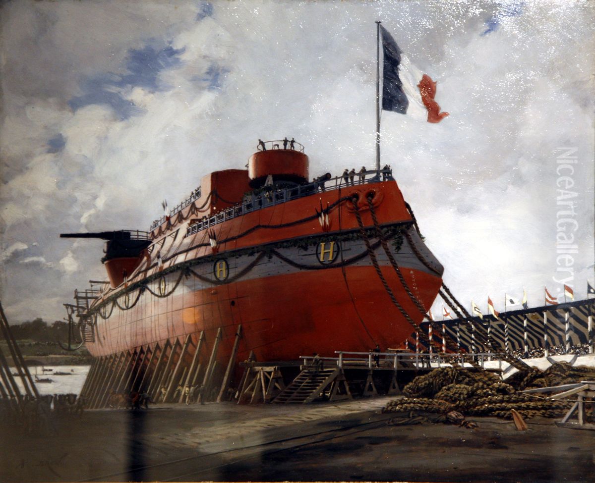 Lancement du cuirasse Hoche a Lorient en 1886 Oil Painting by Alexandre Jean-Baptiste Brun