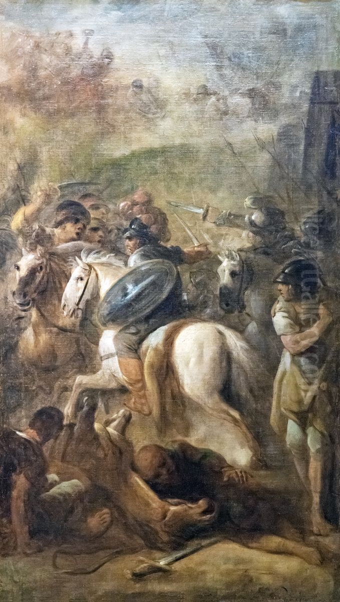 Shock of cavalryFrancais:Choc de cavalerieItaliano:Scossa di cavalleria Oil Painting by Jacques Gamelin