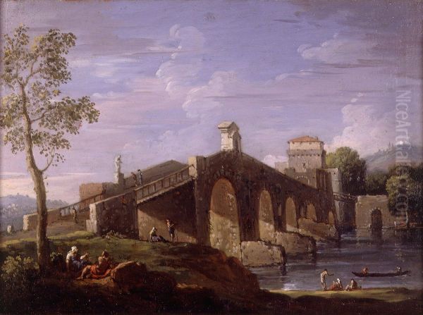 Landscape with large Bridge Oil Painting by Jan Frans van Bloemen
