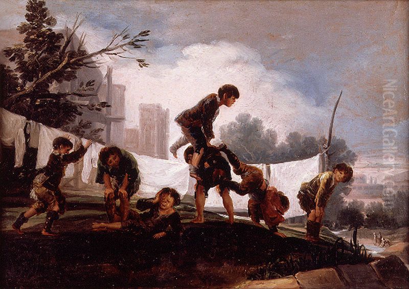 Children playing leapfrog Oil Painting by Francisco Goya Fuendetodos