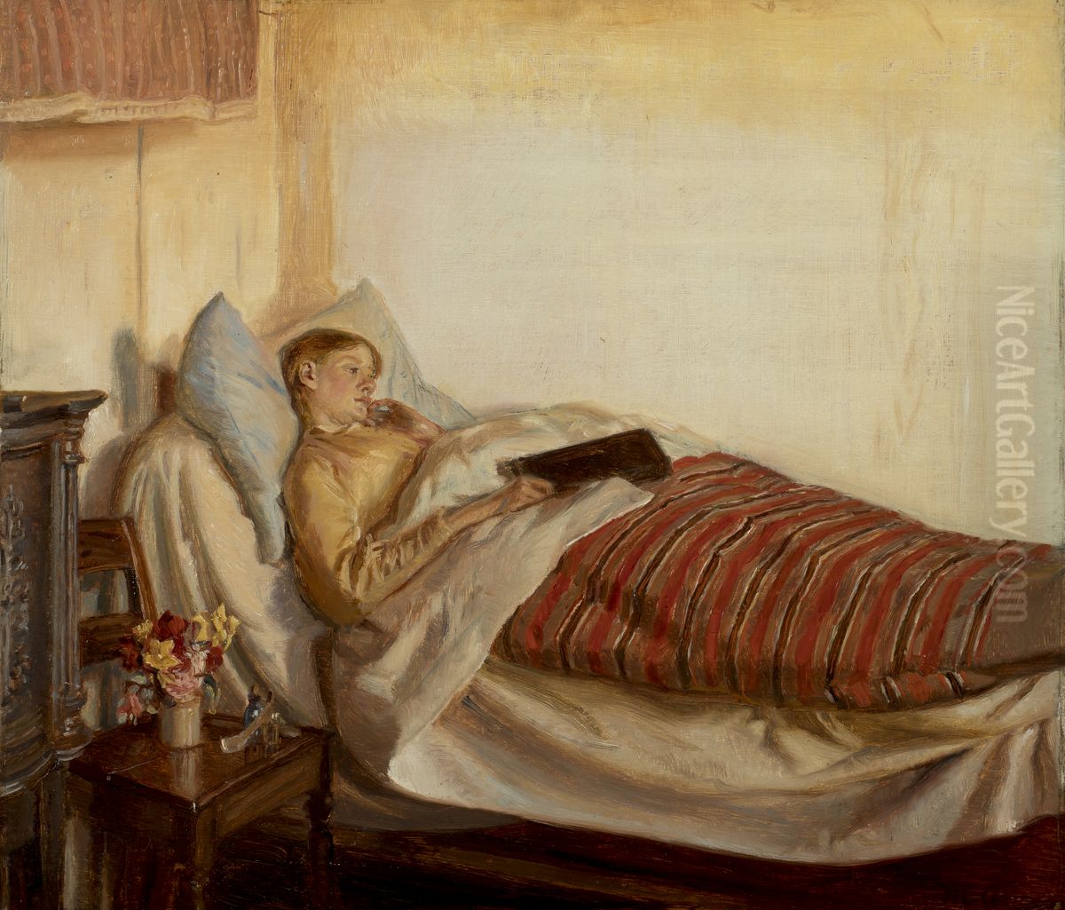 A young woman, Tine Normand, being sick. Oil Painting by Michael Peter Ancher