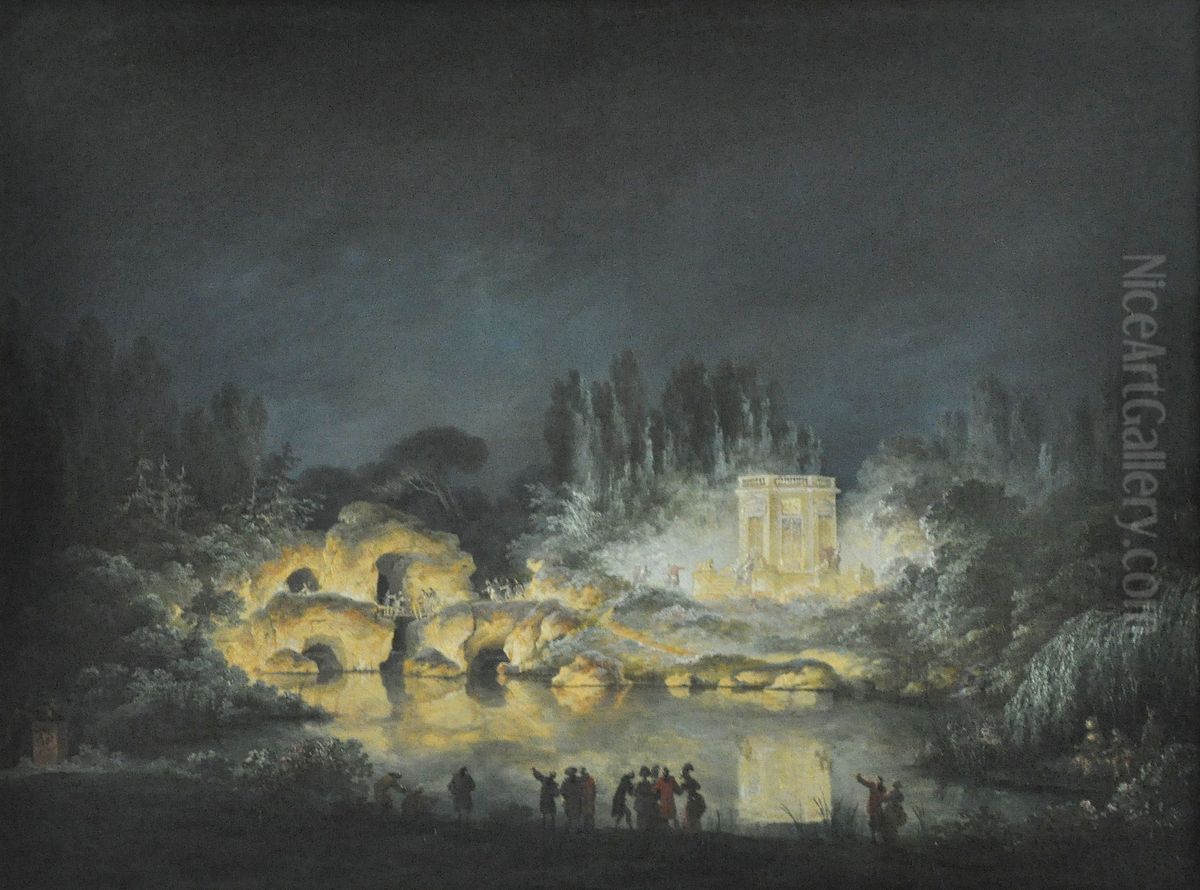 Illumination du Belvedere et du rocher du Petit Trianon en 1781 en l'honneur du comte de Provence, frere du roi, ou de l'empereur d'Autriche Joseph II Oil Painting by Claude-Louis Chatelet