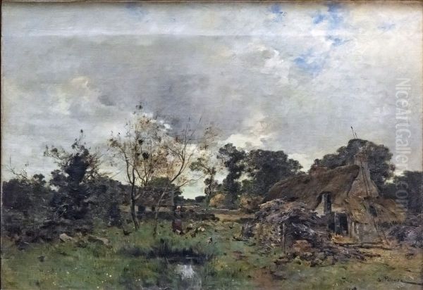 A farm in the woodsFrancais:Une ferme dans les boisItaliano:Una fattoria nei boschi' ' Oil Painting by Leon Germain Pelouse