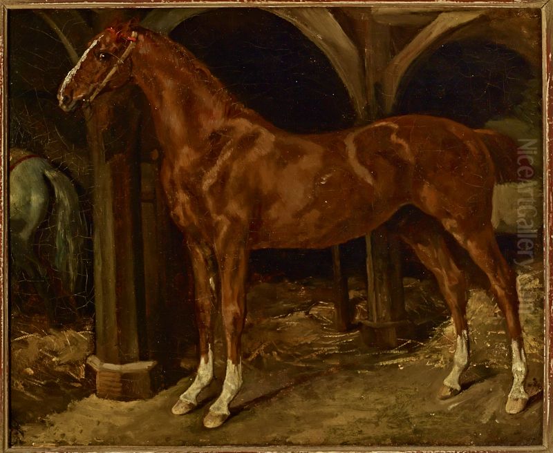 Chestnut horse in a stable Oil Painting by Theodore Gericault
