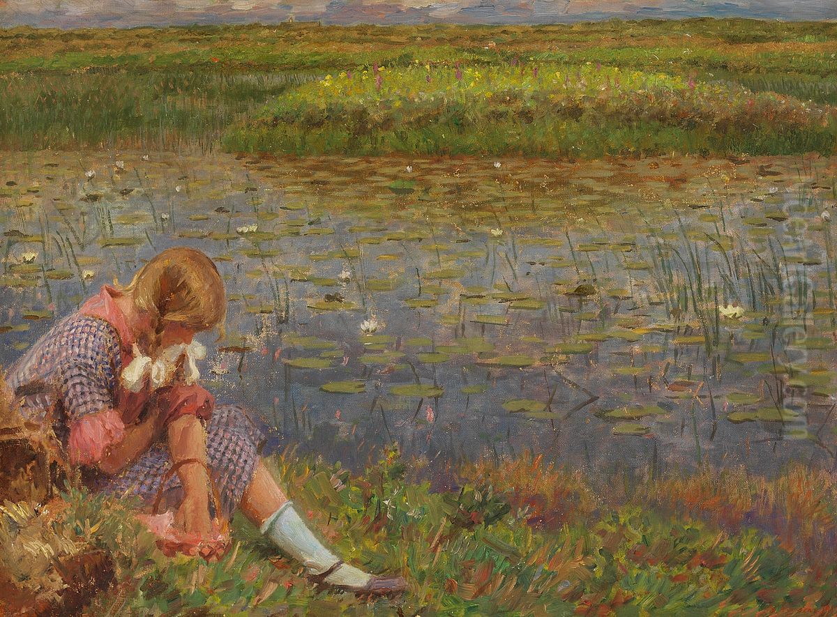 Pige ved en dam. Oil Painting by Laurits Tuxen