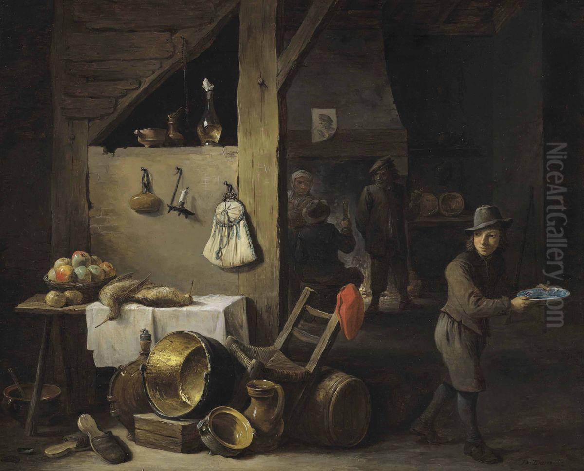 A kitchen interior with a young boy and three figures drinking and smoking Oil Painting by David Teniers the Younger