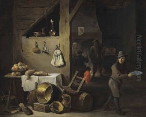 A kitchen interior with a young boy and three figures drinking and smoking