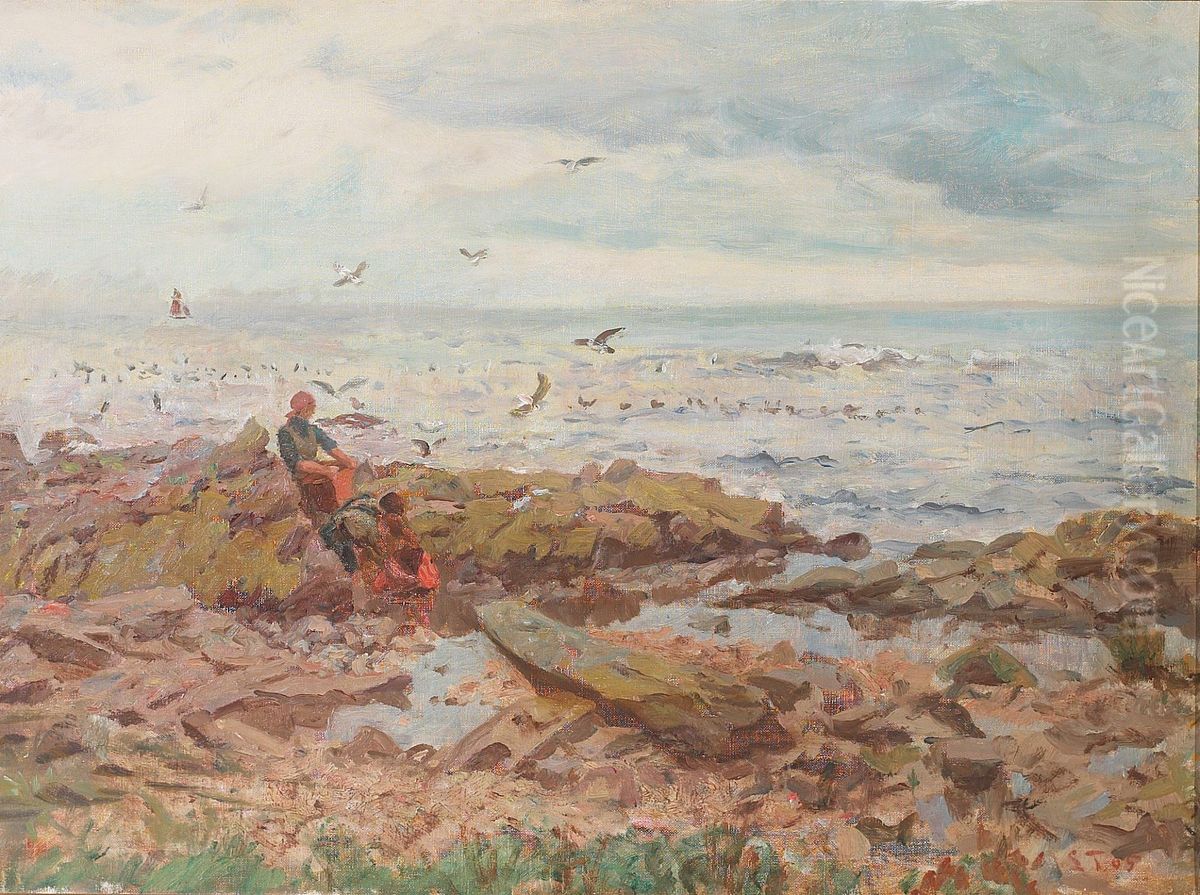 Figurer pa stranden. Bretagne. Oil Painting by Laurits Tuxen