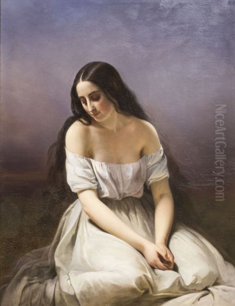 Une jeune fille a genoux Oil Painting by Aimee Brune-Pages