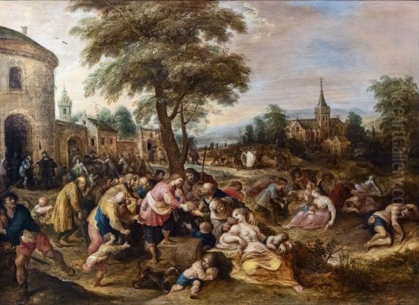 The seven episodes of the works of mercyFrancais:Les sept episodes des oeuvres de misericordeItaliano:I sette episodi delle opere di misericordia Oil Painting by Frans Francken the Younger