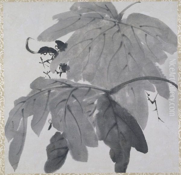 Two Grape Leaves Oil Painting by Bada Shanren