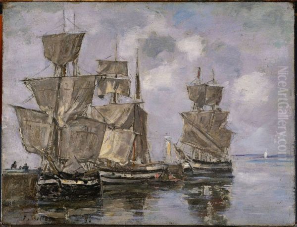Navires dans le Port a Honfleur Oil Painting by Eugene Louis Boudin