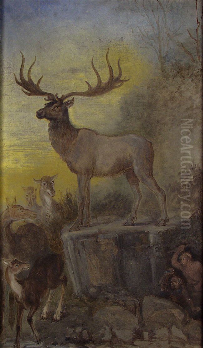 Irish Elk and Palaeolithic Hunter Oil Painting by Benjamin Waterhouse Hawkins