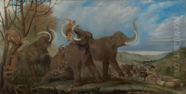 Attack in Pleistocene England Oil Painting by Benjamin Waterhouse Hawkins