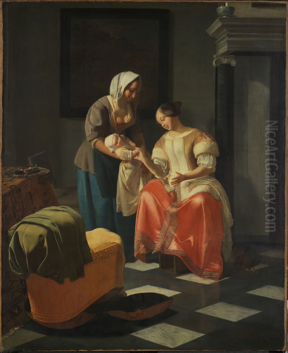 A Nurse Showing a Mother Her Child Oil Painting by Jacob Ochtervelt