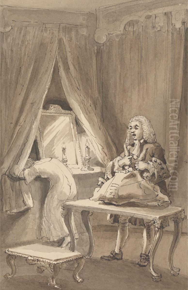 Hogarth After His Wife had Put on a New Night Shirt, Ties up Her Things to Send to Sir James Thornhill with a Letter in Which He Told Him, 'He took His Daughter Without a Smock to Her A--e Oil Painting by John Thomas Smith