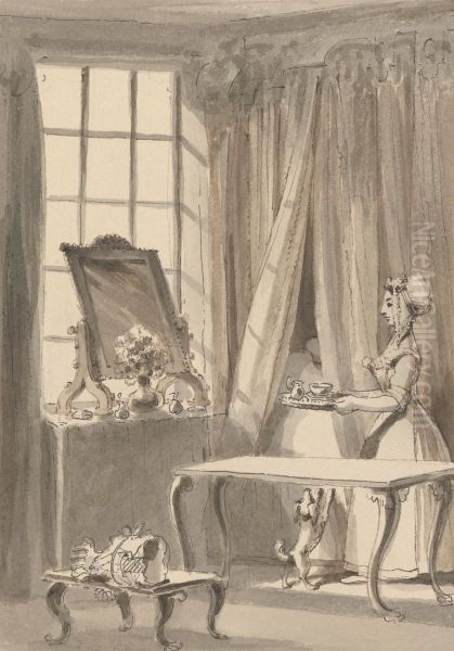 Hogarth Has Made Breakfast and Sends up a Cup to His Wife at the Same Time Ordering the Little Dog to be Admitted to her Mistress's Bedchamber Oil Painting by John Thomas Smith