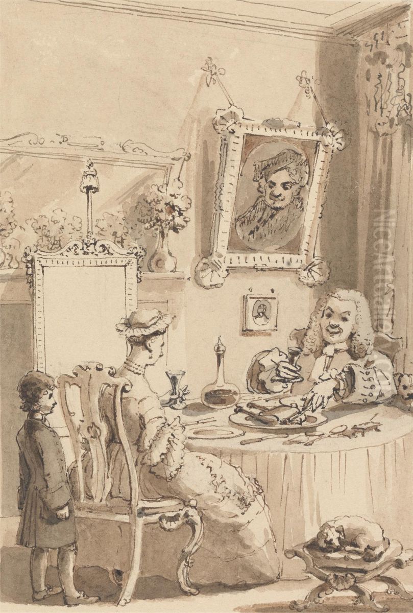 Hogarth Drinking the First Glass of Wine with His Wife - Their Dogs Keeping Respectful Distances Oil Painting by John Thomas Smith