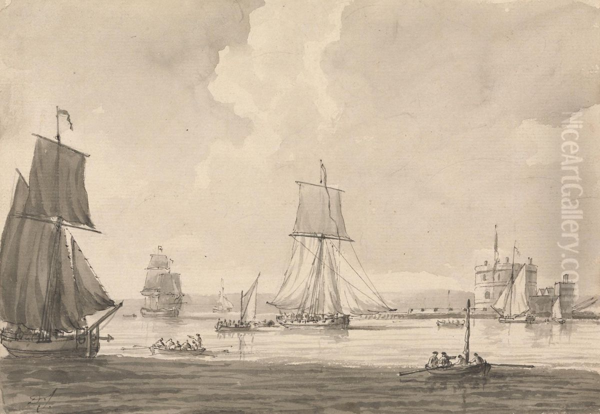 Shipping in Southampton Water, off Calshott Castle Oil Painting by Dominic Serres