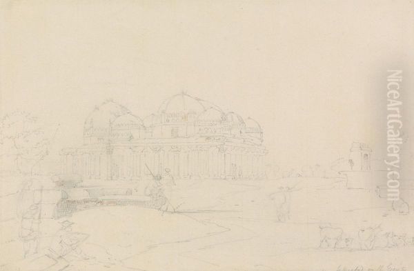 William Daniell, the Artist's Nephew, Sketching a Ruined Temple at Zafarabad on the Gumti River Oil Painting by Thomas Daniell