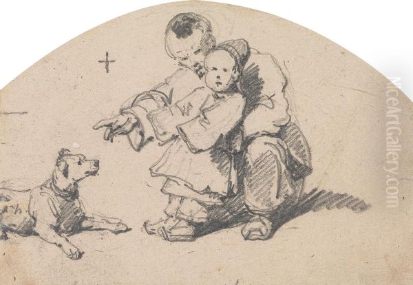 Chinese Father and Child with Dog Oil Painting by George Chinnery
