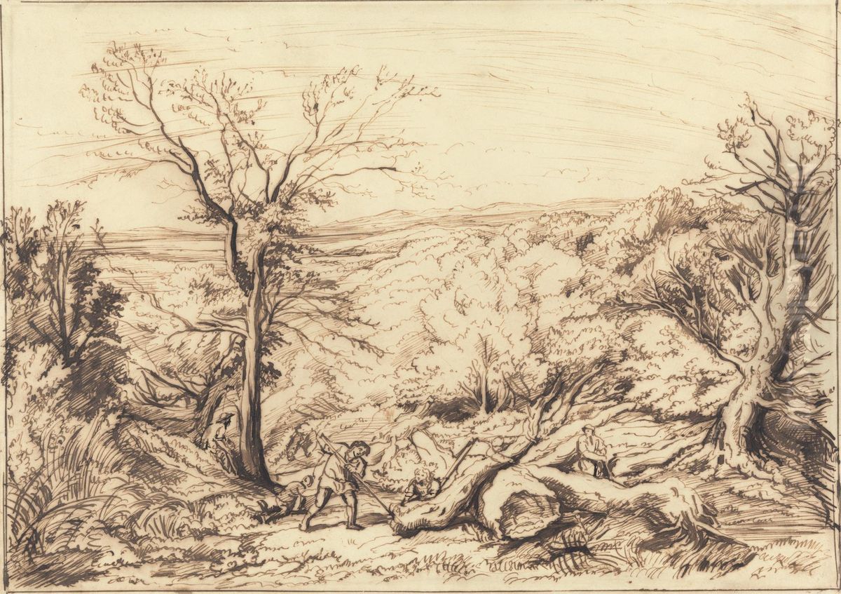 Woodcutters in a Forest Oil Painting by John Linnell