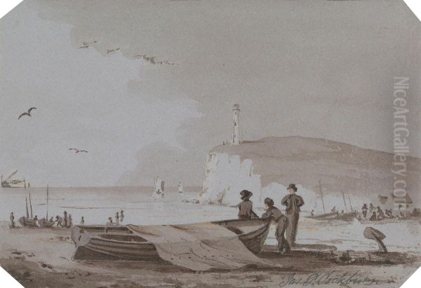 Coastal scene with Figures, Boats, Lighthouse, etc. Oil Painting by James Pattison Cockburn
