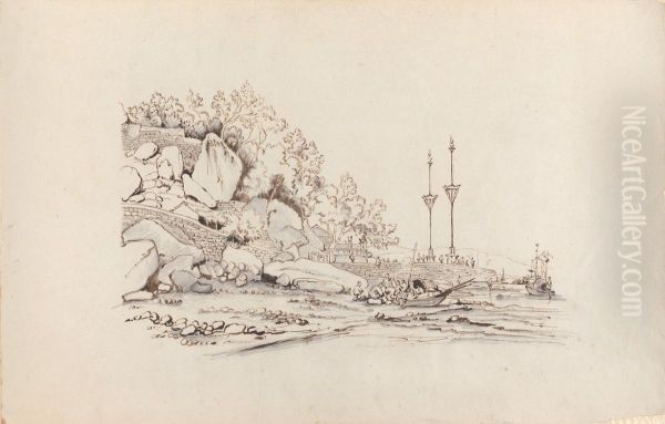 Rocks, River and Boats Oil Painting by George Chinnery