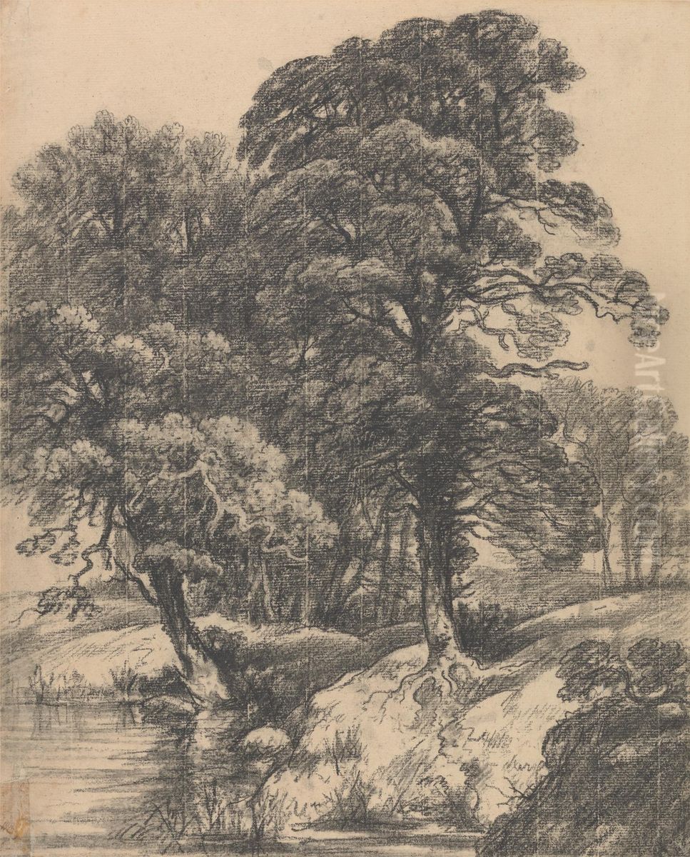 A Wooded Landscape with Pool Oil Painting by George Frost