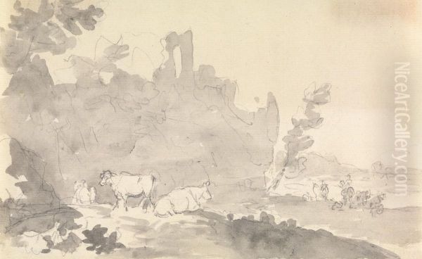 Landscape with Cows in Foreground Oil Painting by Sawrey Gilpin