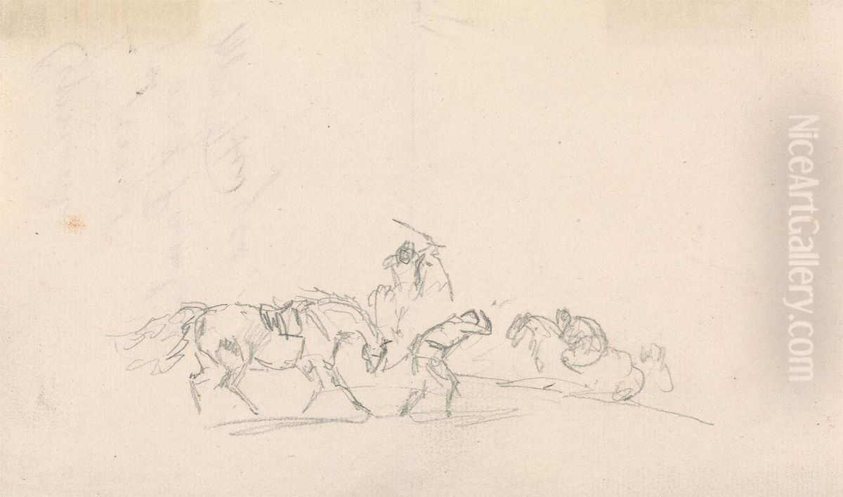 Horse Led by a Man, Being Attached by Another Man Oil Painting by Sawrey Gilpin