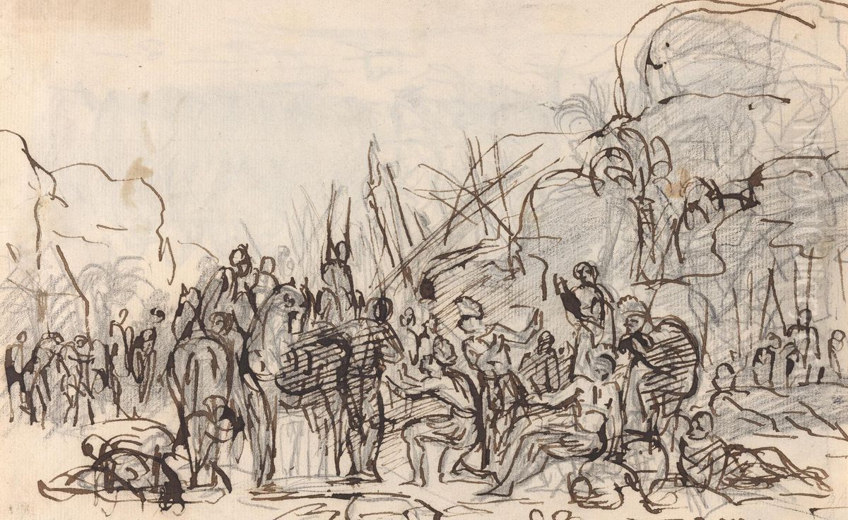 Group Scene showing horses, figures and red Indians Oil Painting by Sawrey Gilpin