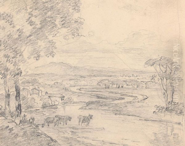Country landscape with cattle crossing a stream Oil Painting by Sawrey Gilpin