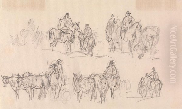 Studies of figures on horses, cattle at lower left Oil Painting by Sawrey Gilpin