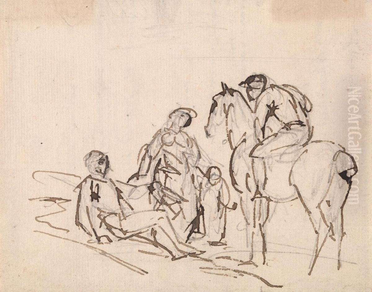 Jockey on a horse with three figures Oil Painting by Sawrey Gilpin