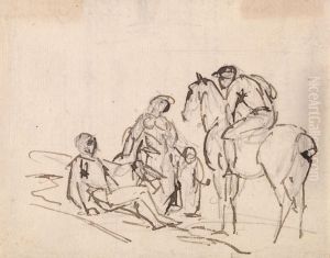 Jockey on a horse with three figures