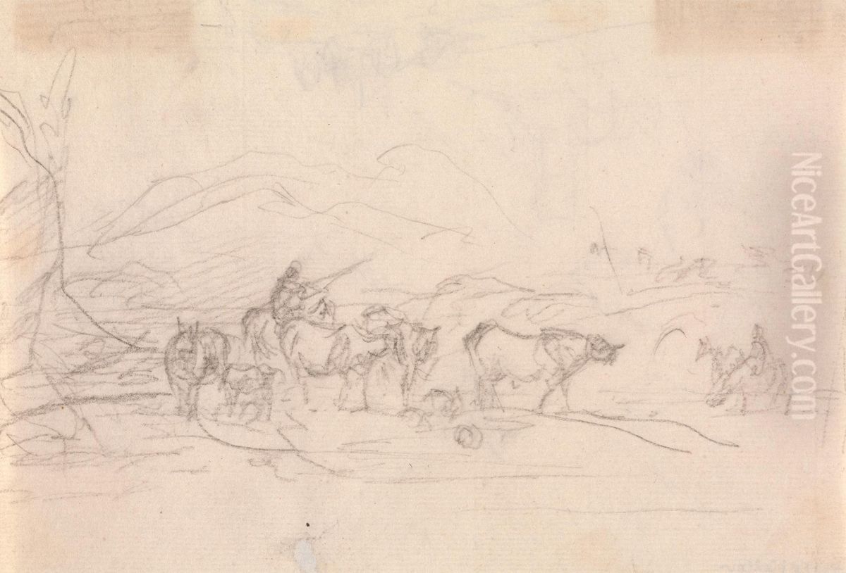 Study of cattle and figures in a landscape Oil Painting by Sawrey Gilpin