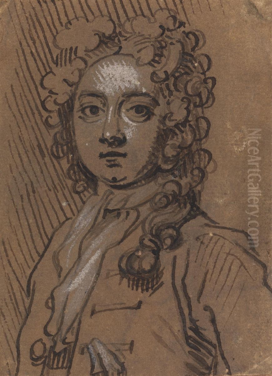 Portrait bust of a man in full-length wig Oil Painting by James Thornhill