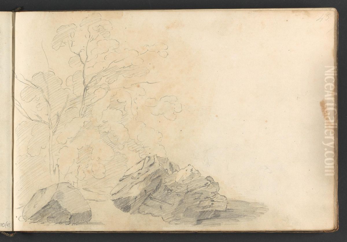 (A study of large rocks and trees) Oil Painting by William Brockedon