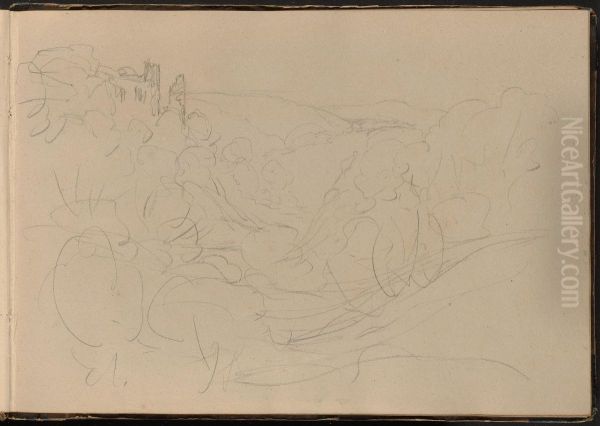 Sketch of a Landscape with Castle in the Distance Oil Painting by William Brockedon
