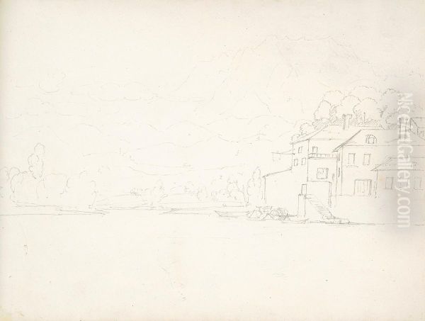 Building Along a River with Mountains in the Distance Oil Painting by William Brockedon